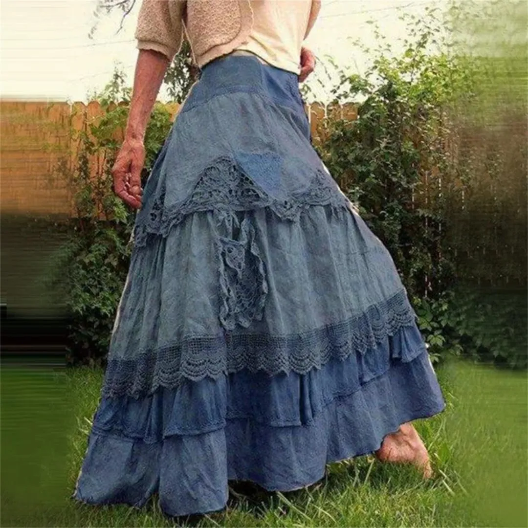 Women's Plus Size Skirts Ruffles Oversized Maxi Skirts Lace Long Skirts Low Waist Dropped Skirt