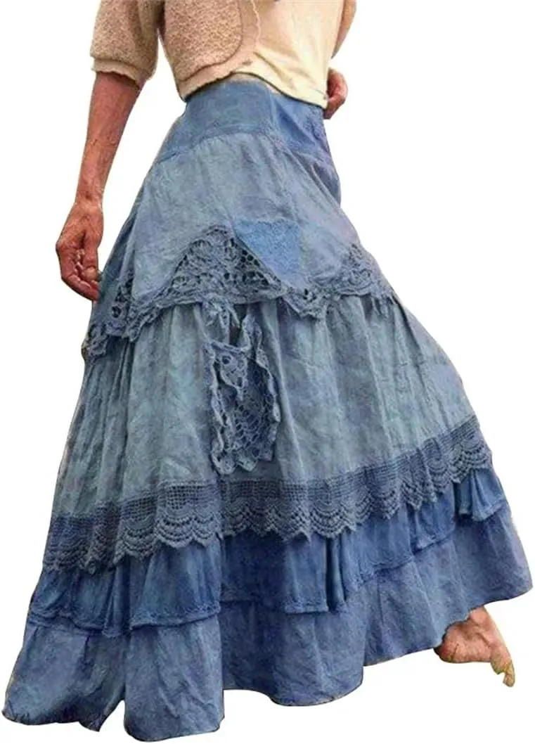 Women's Plus Size Skirts Ruffles Oversized Maxi Skirts Lace Long Skirts Low Waist Dropped Skirt