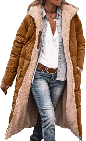 Womens Quilted Jacket Casual Zip Up Fleece Lined Hooded Jackets Oversized Puffer Coat Winter Warm Padded Overcoat