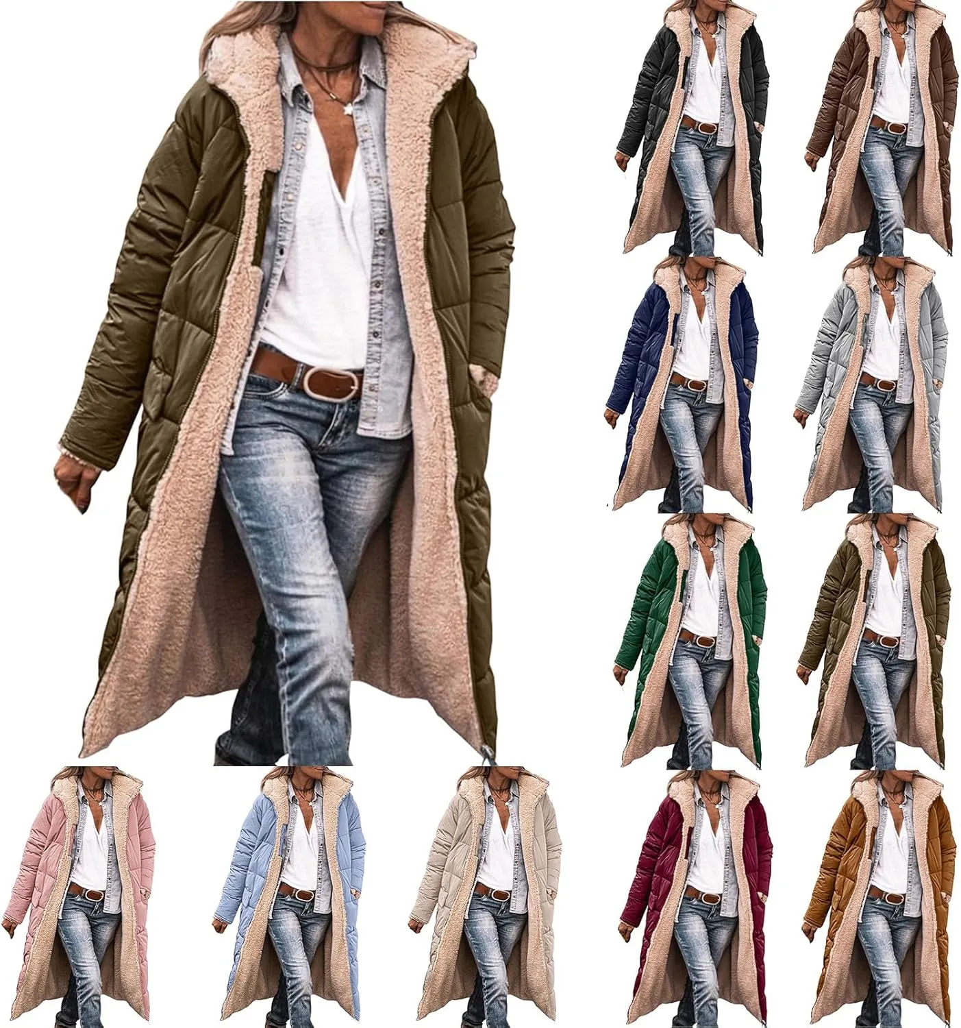 Womens Quilted Jacket Casual Zip Up Fleece Lined Hooded Jackets Oversized Puffer Coat Winter Warm Padded Overcoat