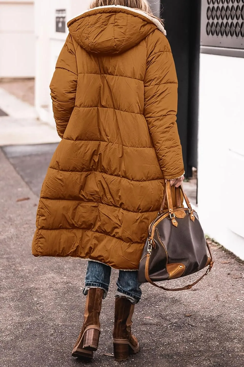 Womens Quilted Jacket Casual Zip Up Fleece Lined Hooded Jackets Oversized Puffer Coat Winter Warm Padded Overcoat
