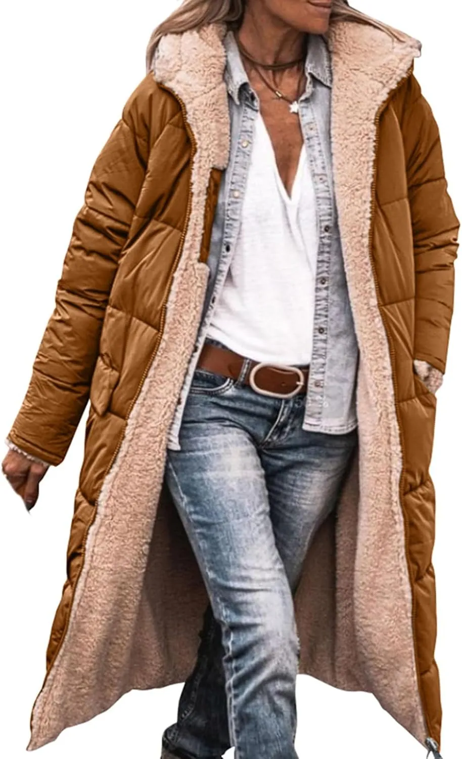 Womens Quilted Jacket Casual Zip Up Fleece Lined Hooded Jackets Oversized Puffer Coat Winter Warm Padded Overcoat