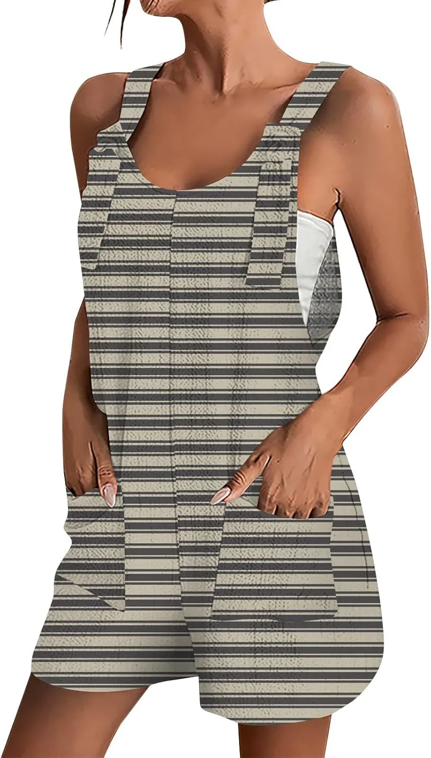 Womens Rompers for Summer Casual Loose Adjustable Strap Overall Shorts Wide Leg Linen Short Jumpsuits with Pockets