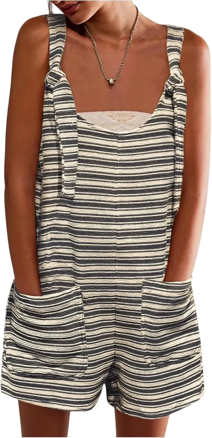 Womens Rompers for Summer Casual Loose Adjustable Strap Overall Shorts Wide Leg Linen Short Jumpsuits with Pockets