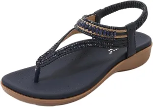Womens Sandals Comfort Arch Support Summer Walking Shoes Casual Ankle Elastic Flip Flops Dressy Flat Rhinestone T-Strap Thong Beach Bohemian Back Strap Bling Flipflops Sandal