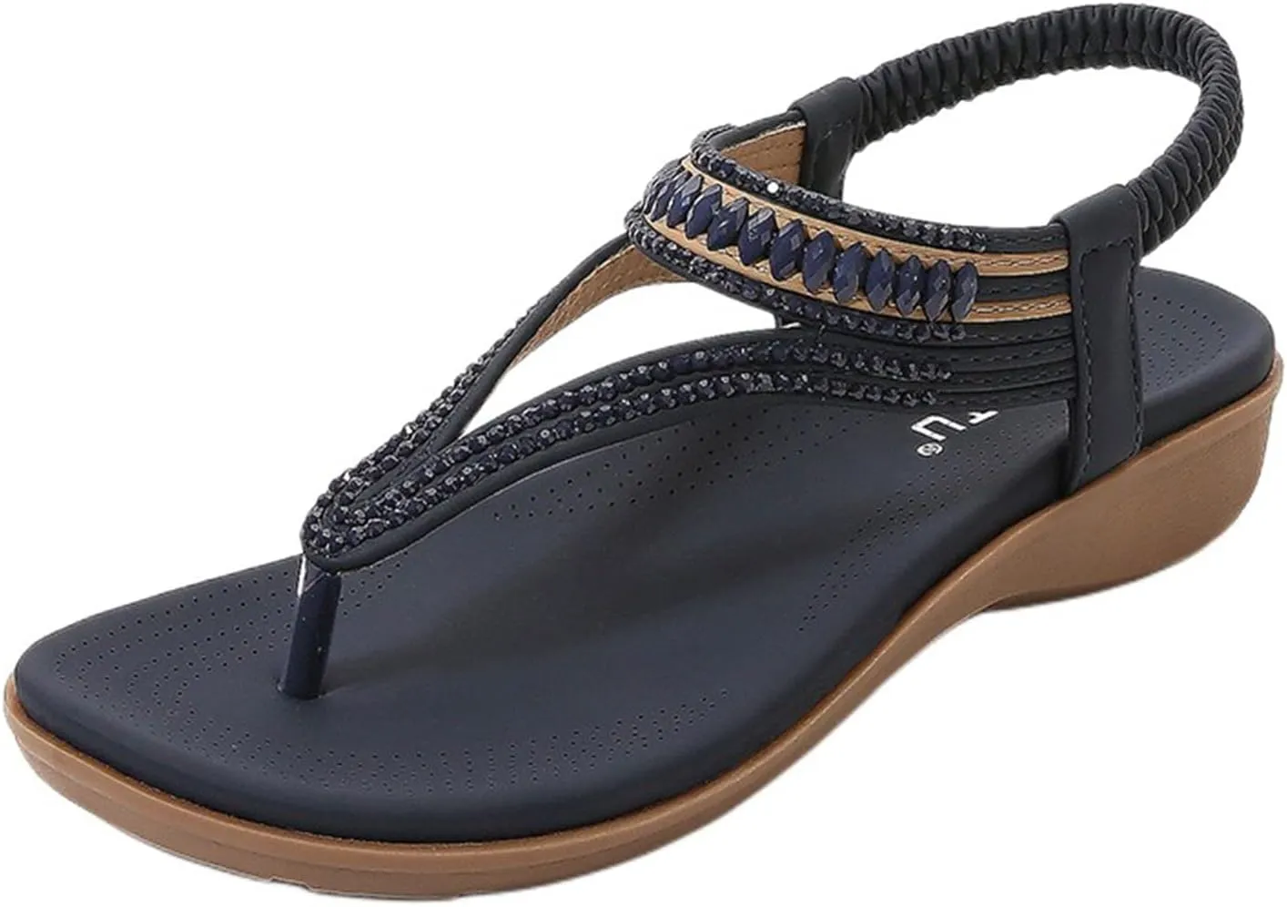 Womens Sandals Comfort Arch Support Summer Walking Shoes Casual Ankle Elastic Flip Flops Dressy Flat Rhinestone T-Strap Thong Beach Bohemian Back Strap Bling Flipflops Sandal