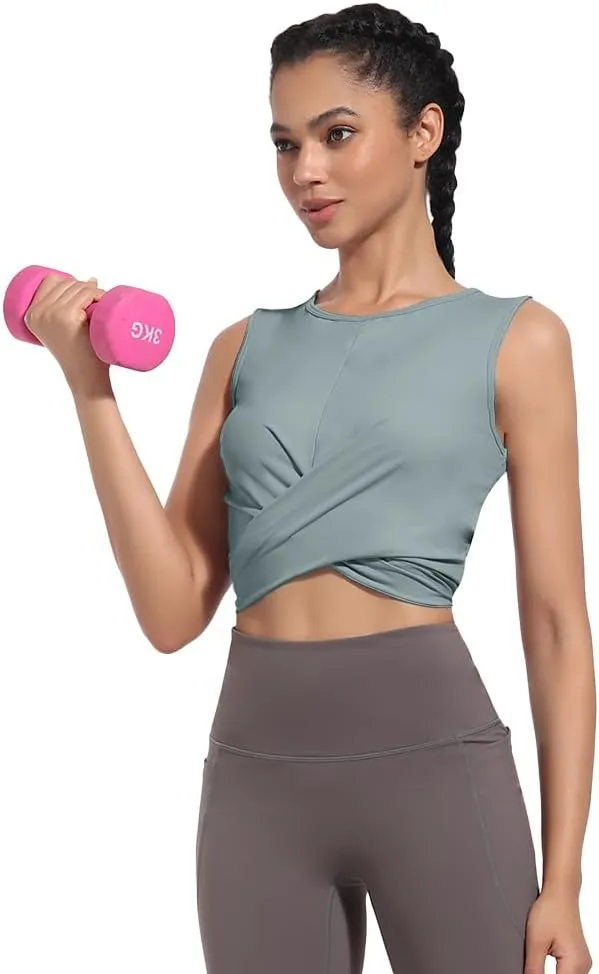 Womens Sexy Sleeveless High Round Neck Crop Tops Workout Halter Tops for Women Twist Front Tank Tops Casual Shirt