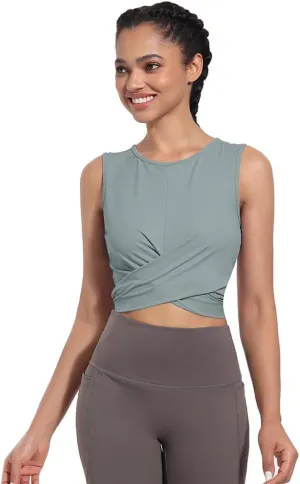 Womens Sexy Sleeveless High Round Neck Crop Tops Workout Halter Tops for Women Twist Front Tank Tops Casual Shirt