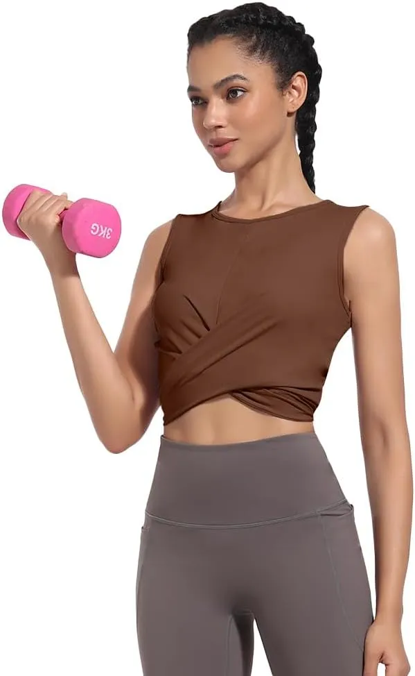 Womens Sexy Sleeveless High Round Neck Crop Tops Workout Halter Tops for Women Twist Front Tank Tops Casual Shirt
