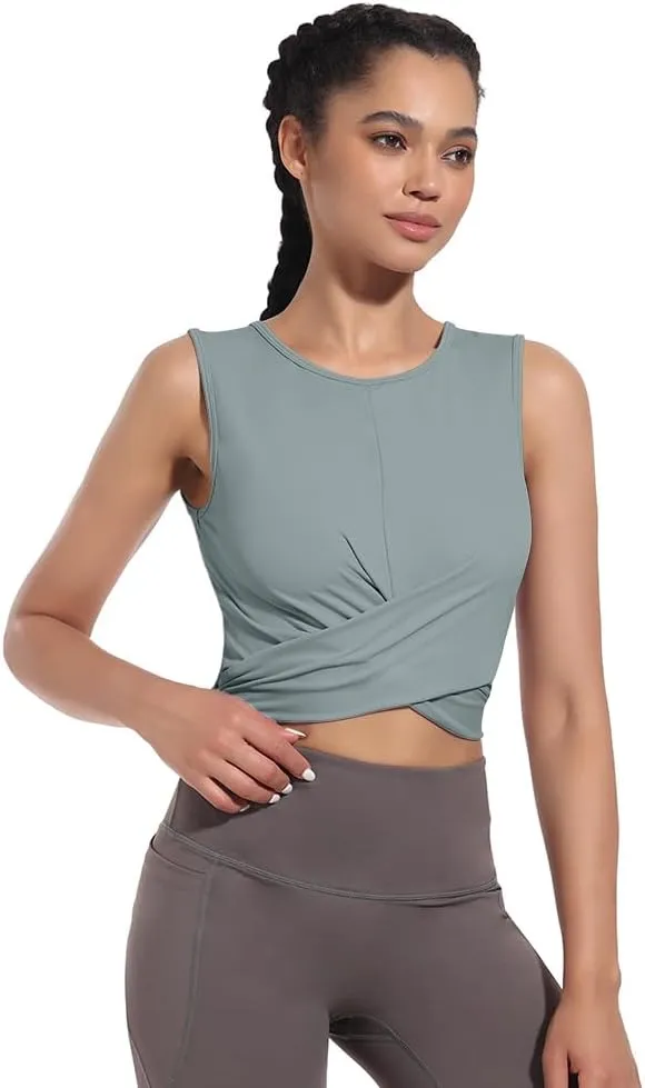 Womens Sexy Sleeveless High Round Neck Crop Tops Workout Halter Tops for Women Twist Front Tank Tops Casual Shirt