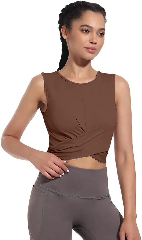 Womens Sexy Sleeveless High Round Neck Crop Tops Workout Halter Tops for Women Twist Front Tank Tops Casual Shirt