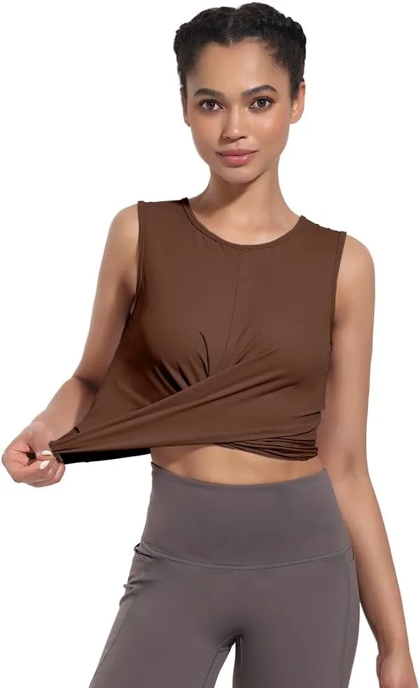 Womens Sexy Sleeveless High Round Neck Crop Tops Workout Halter Tops for Women Twist Front Tank Tops Casual Shirt