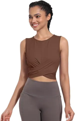 Womens Sexy Sleeveless High Round Neck Crop Tops Workout Halter Tops for Women Twist Front Tank Tops Casual Shirt