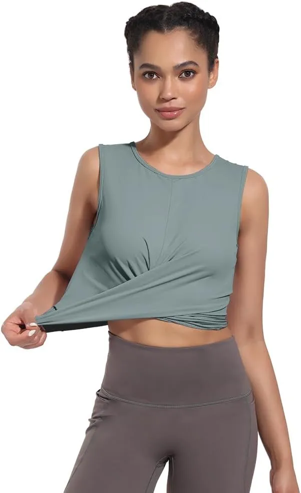 Womens Sexy Sleeveless High Round Neck Crop Tops Workout Halter Tops for Women Twist Front Tank Tops Casual Shirt