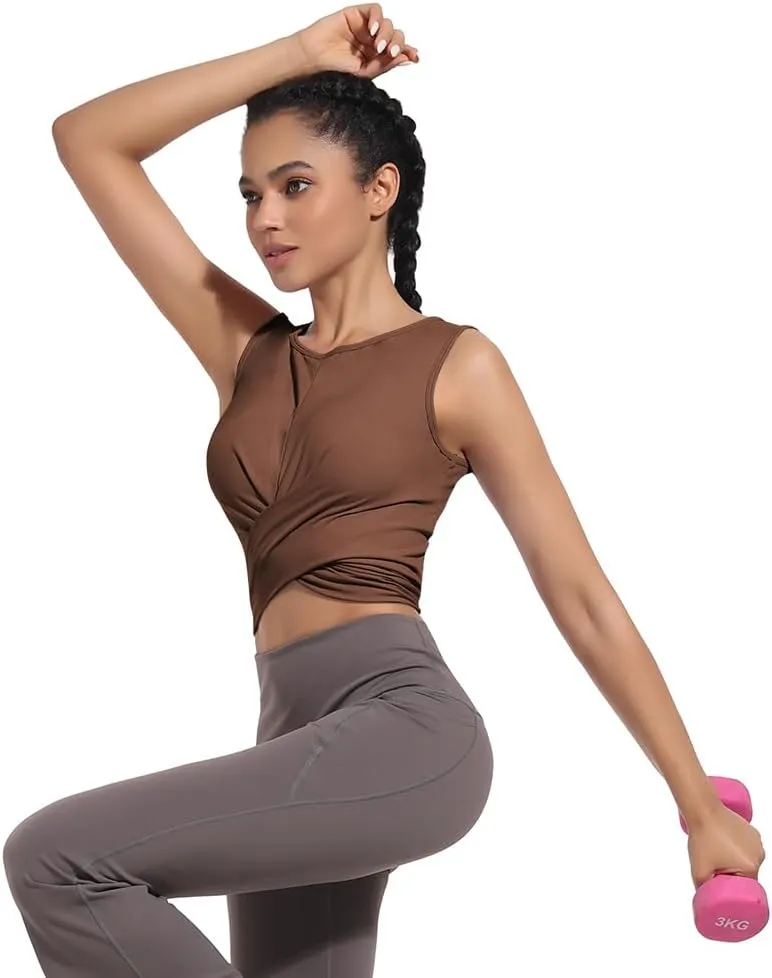 Womens Sexy Sleeveless High Round Neck Crop Tops Workout Halter Tops for Women Twist Front Tank Tops Casual Shirt