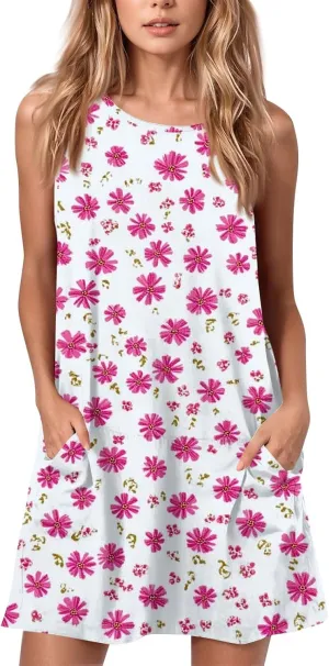 Women's Sleeveless Floral Print Summer Dress with Pockets Casual Loose Fit A-Line Summer for Beach & Party