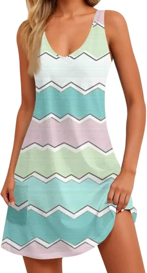 Women's Sleeveless Summer Dress Casual Plaid Pattern, Lightweight Fabric, V-Neck, Knee-Length, Perfect for Daily Wear