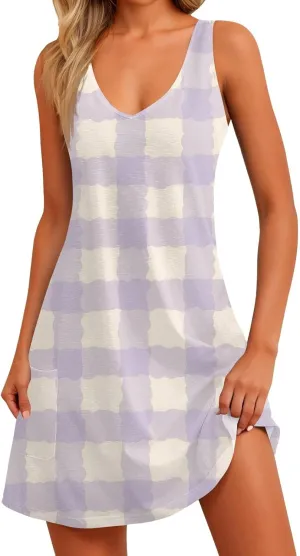 Women's Sleeveless Summer Dress with V-Neckline, Casual Checkered Pattern, Lightweight and Breathable Fabric
