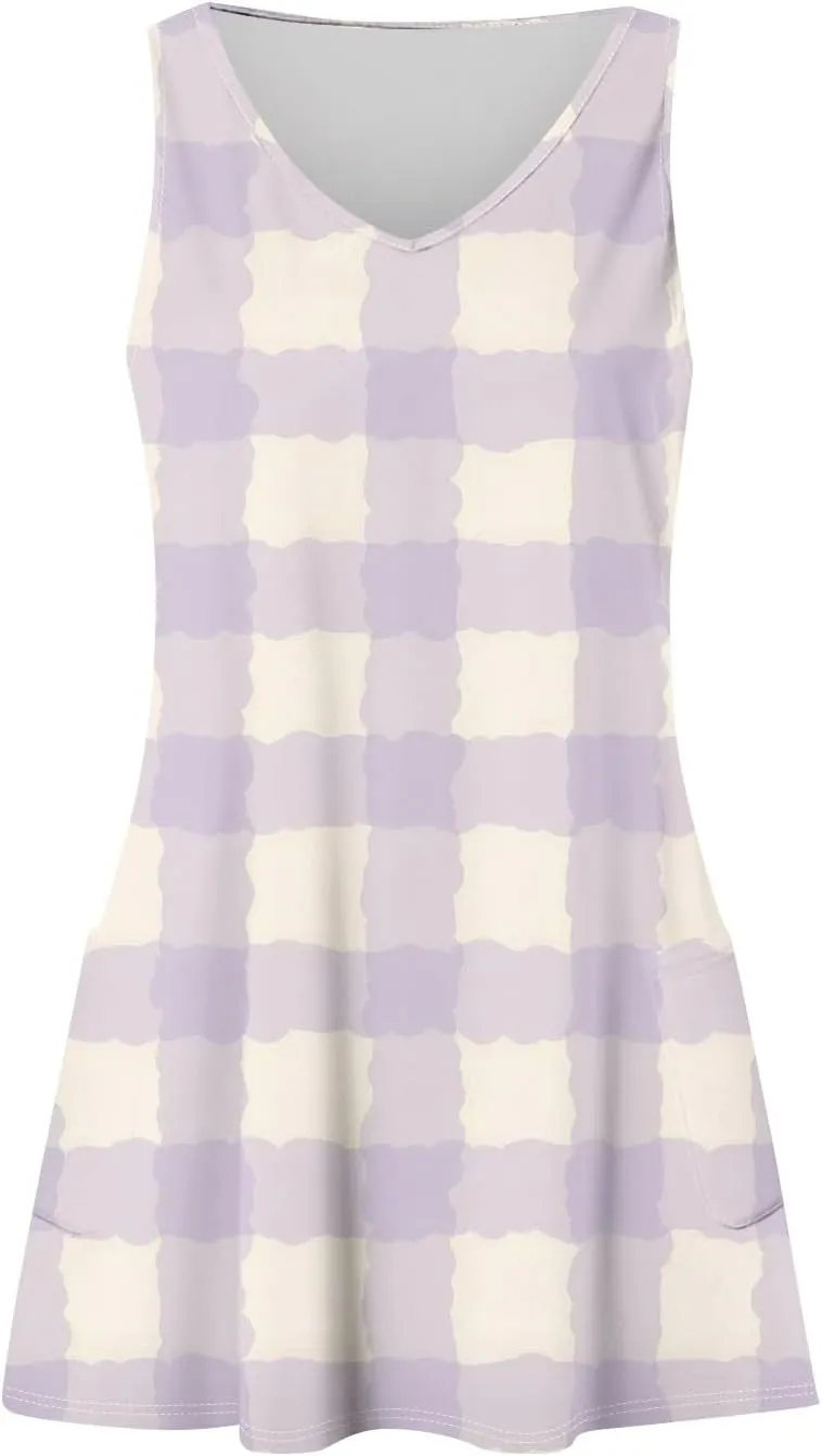 Women's Sleeveless Summer Dress with V-Neckline, Casual Checkered Pattern, Lightweight and Breathable Fabric