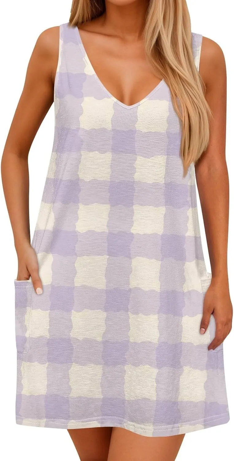 Women's Sleeveless Summer Dress with V-Neckline, Casual Checkered Pattern, Lightweight and Breathable Fabric