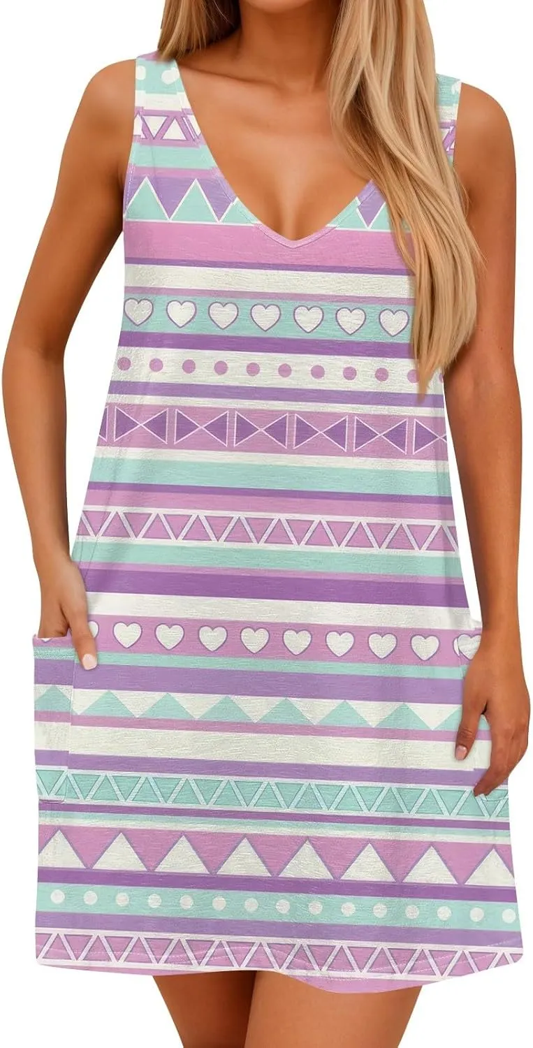 Women's Sleeveless Summer Dress with V-Neckline, Casual Checkered Pattern, Lightweight and Breathable Fabric