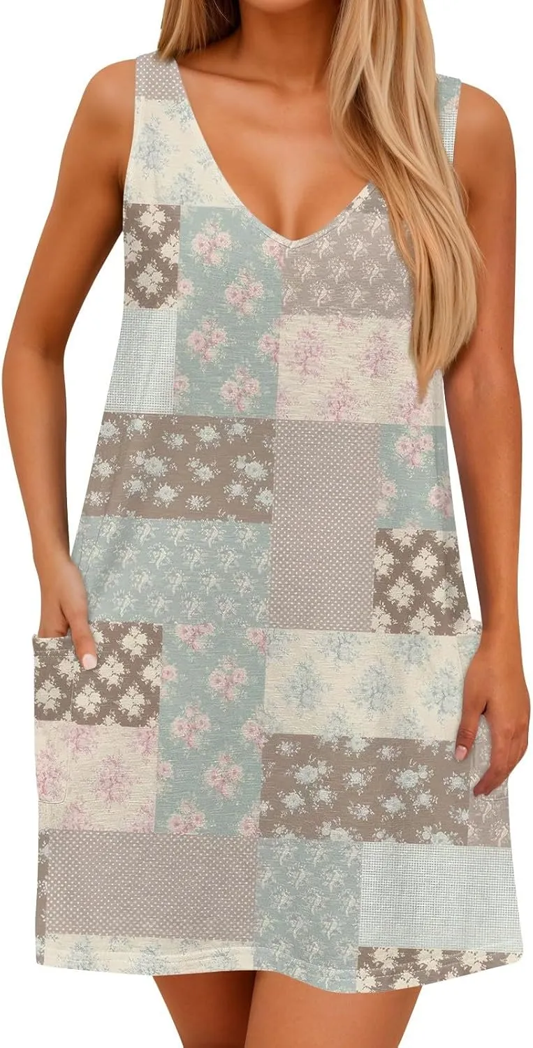 Women's Sleeveless Summer Dress with V-Neckline, Casual Checkered Pattern, Lightweight and Breathable Fabric