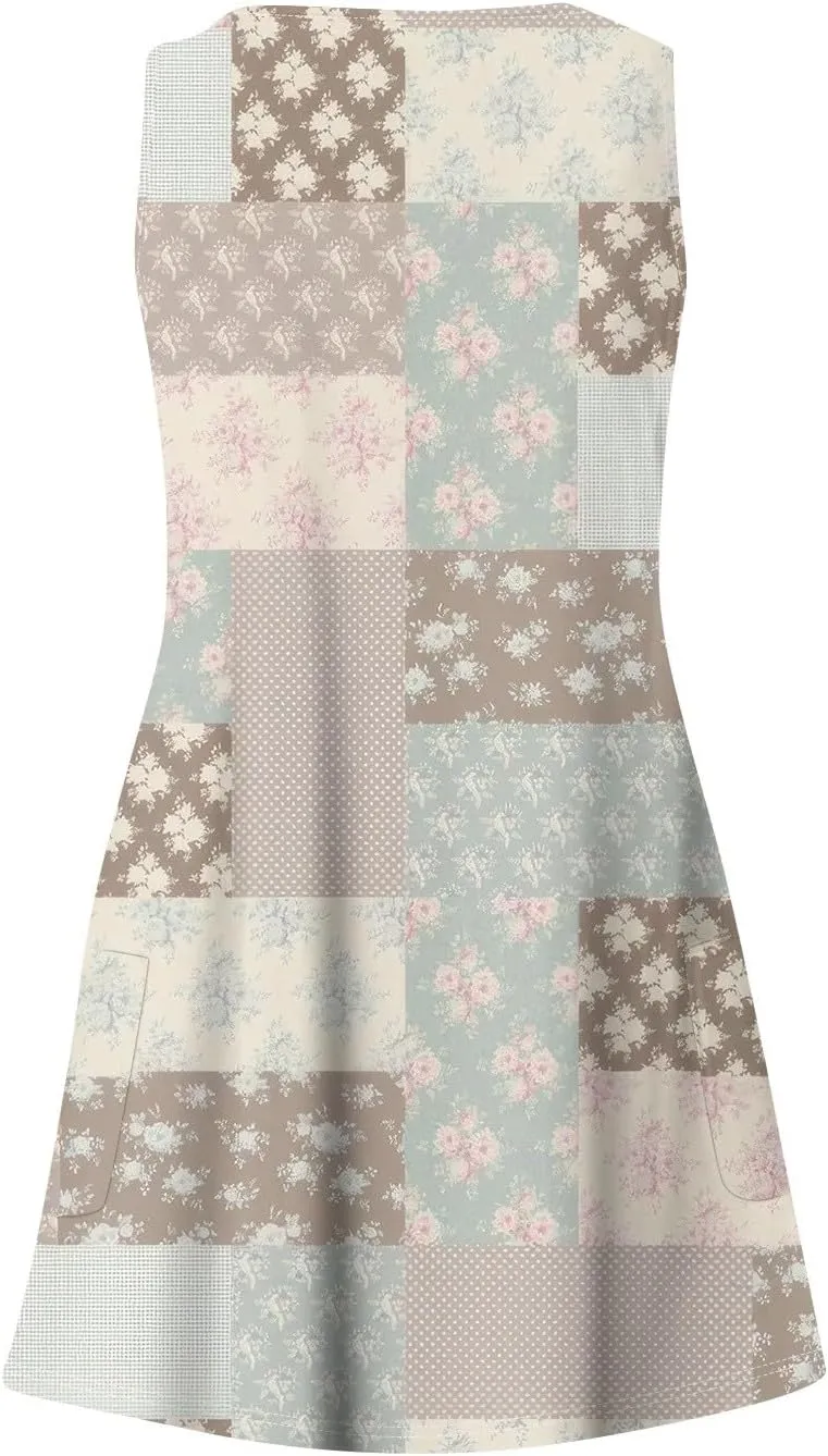 Women's Sleeveless Summer Dress with V-Neckline, Casual Checkered Pattern, Lightweight and Breathable Fabric