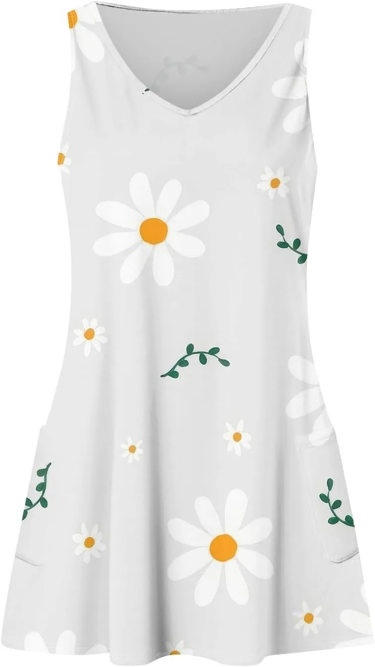 Women's Sleeveless Summer Dress with V-Neckline, Casual Checkered Pattern, Lightweight and Breathable Fabric