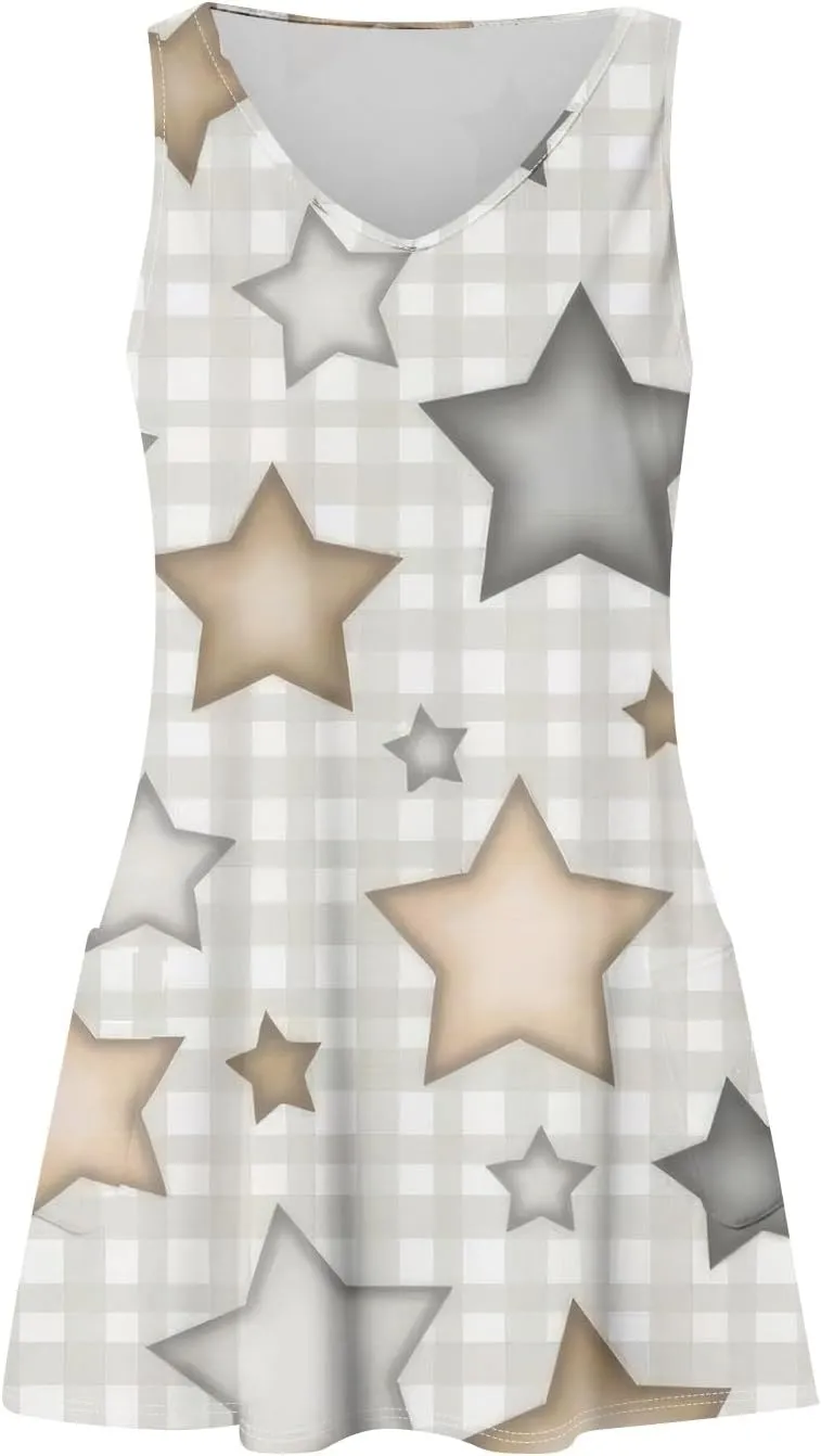 Women's Sleeveless Summer Dress with V-Neckline, Casual Checkered Pattern, Lightweight and Breathable Fabric