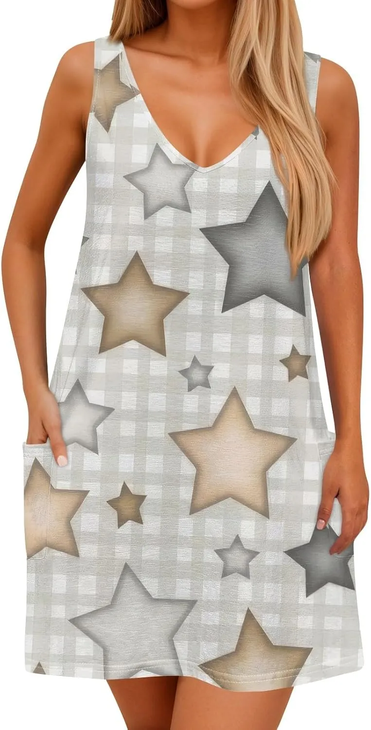 Women's Sleeveless Summer Dress with V-Neckline, Casual Checkered Pattern, Lightweight and Breathable Fabric
