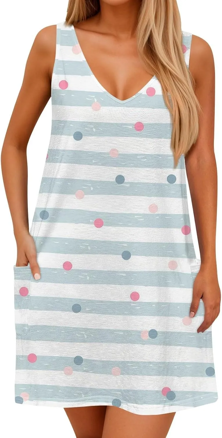 Women's Sleeveless Summer Dress with V-Neckline, Casual Checkered Pattern, Lightweight and Breathable Fabric