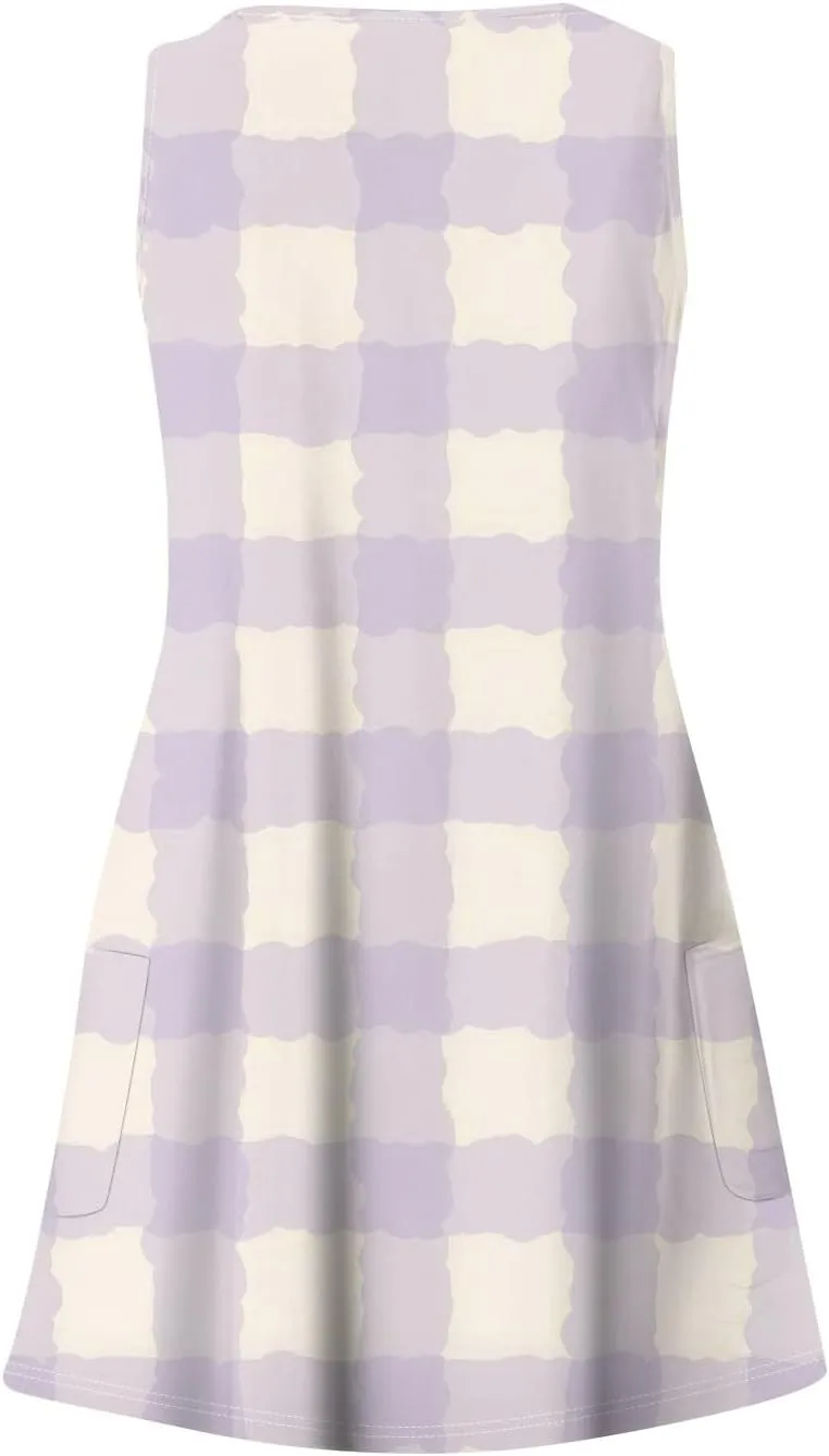 Women's Sleeveless Summer Dress with V-Neckline, Casual Checkered Pattern, Lightweight and Breathable Fabric