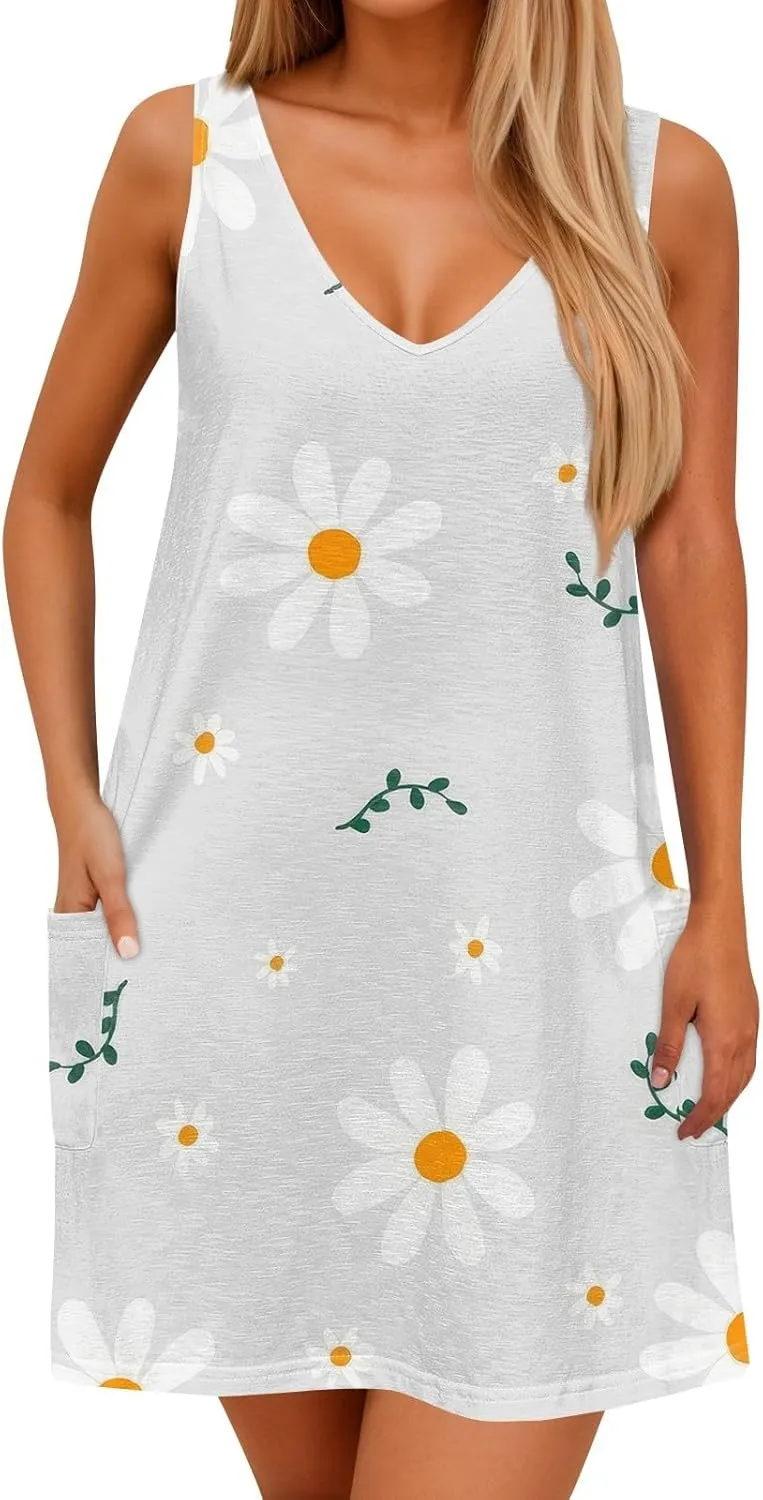 Women's Sleeveless Summer Dress with V-Neckline, Casual Checkered Pattern, Lightweight and Breathable Fabric