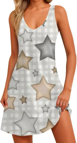 Women's Sleeveless Summer Dress with V-Neckline, Casual Checkered Pattern, Lightweight and Breathable Fabric