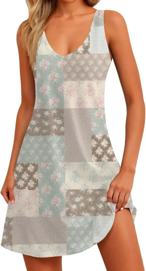 Women's Sleeveless Summer Dress with V-Neckline, Casual Checkered Pattern, Lightweight and Breathable Fabric
