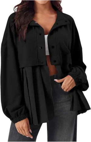 Women's Snaps Down Jackets Long Sleeve Pleated Patchwork Casual Loose Flowy Sweatshirts Fall Fashion Coats