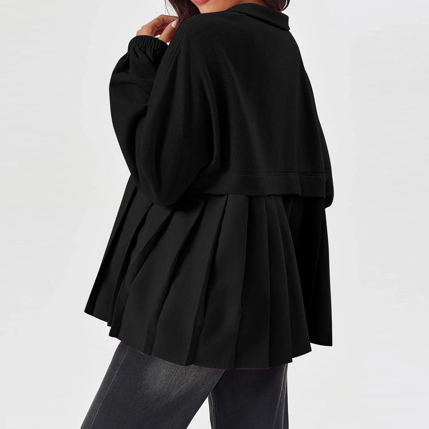 Women's Snaps Down Jackets Long Sleeve Pleated Patchwork Casual Loose Flowy Sweatshirts Fall Fashion Coats