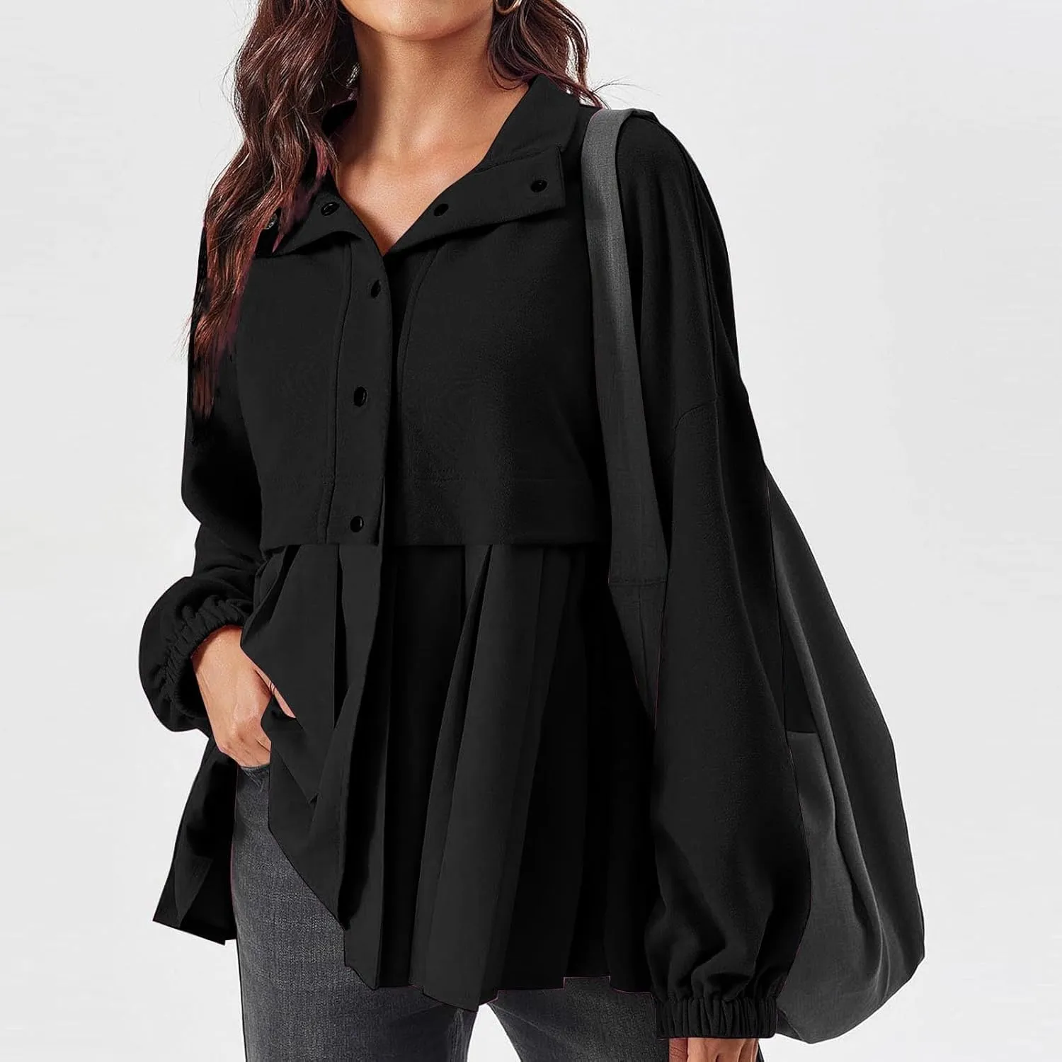 Women's Snaps Down Jackets Long Sleeve Pleated Patchwork Casual Loose Flowy Sweatshirts Fall Fashion Coats
