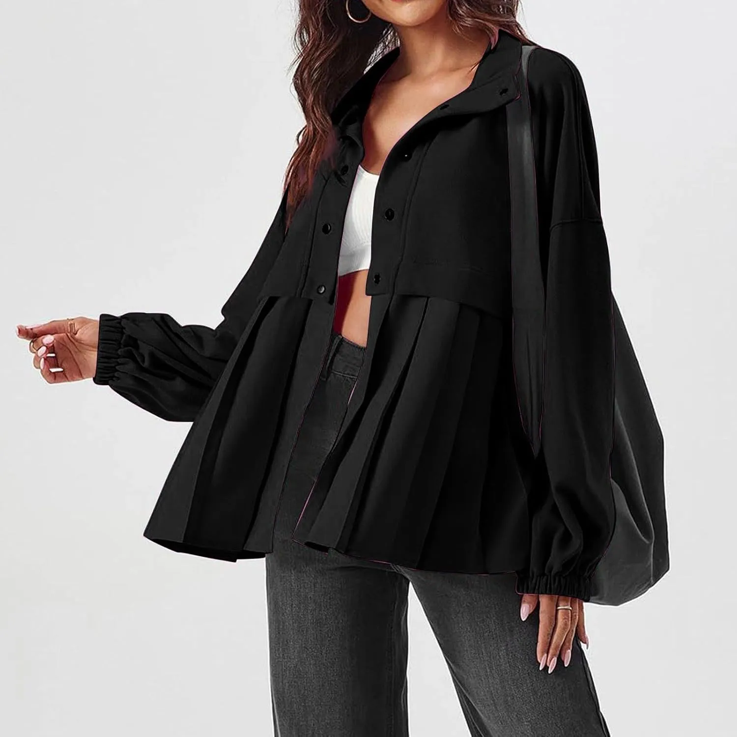 Women's Snaps Down Jackets Long Sleeve Pleated Patchwork Casual Loose Flowy Sweatshirts Fall Fashion Coats