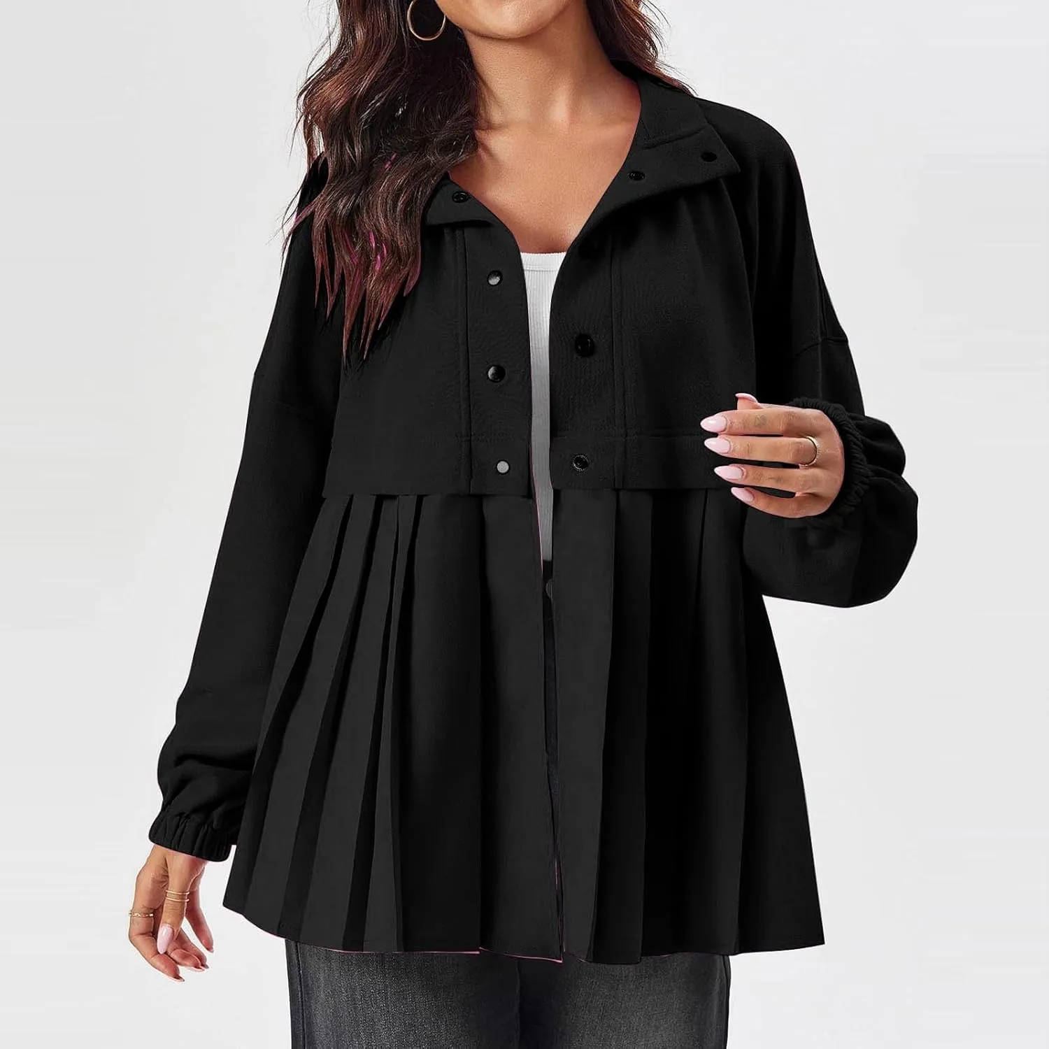 Women's Snaps Down Jackets Long Sleeve Pleated Patchwork Casual Loose Flowy Sweatshirts Fall Fashion Coats