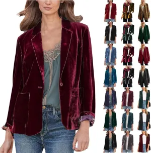 Womens Solid Color Long Sleeve Velvet Jacket Retro Casual Work office Notched Lapel Button Blazer Jacket Outerwear