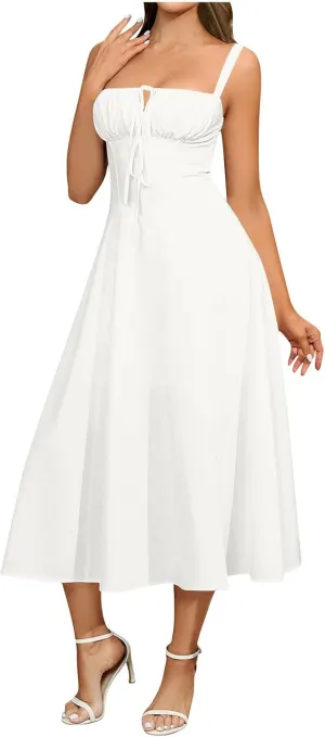 Womens Spaghetti Strap Summer Dress Tie Front Midi Dresses Flowy A Line Sundress Casual Beach Vacation Outfits