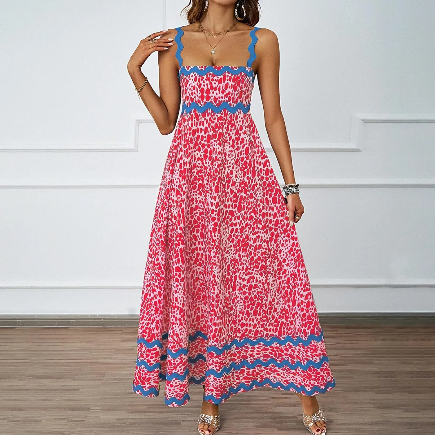 Womens Spring Maxi Dress Fit and Flare Square Neck Long Flowy Dress Sundress Spaghetti Strap Vacation Maxi Dresses