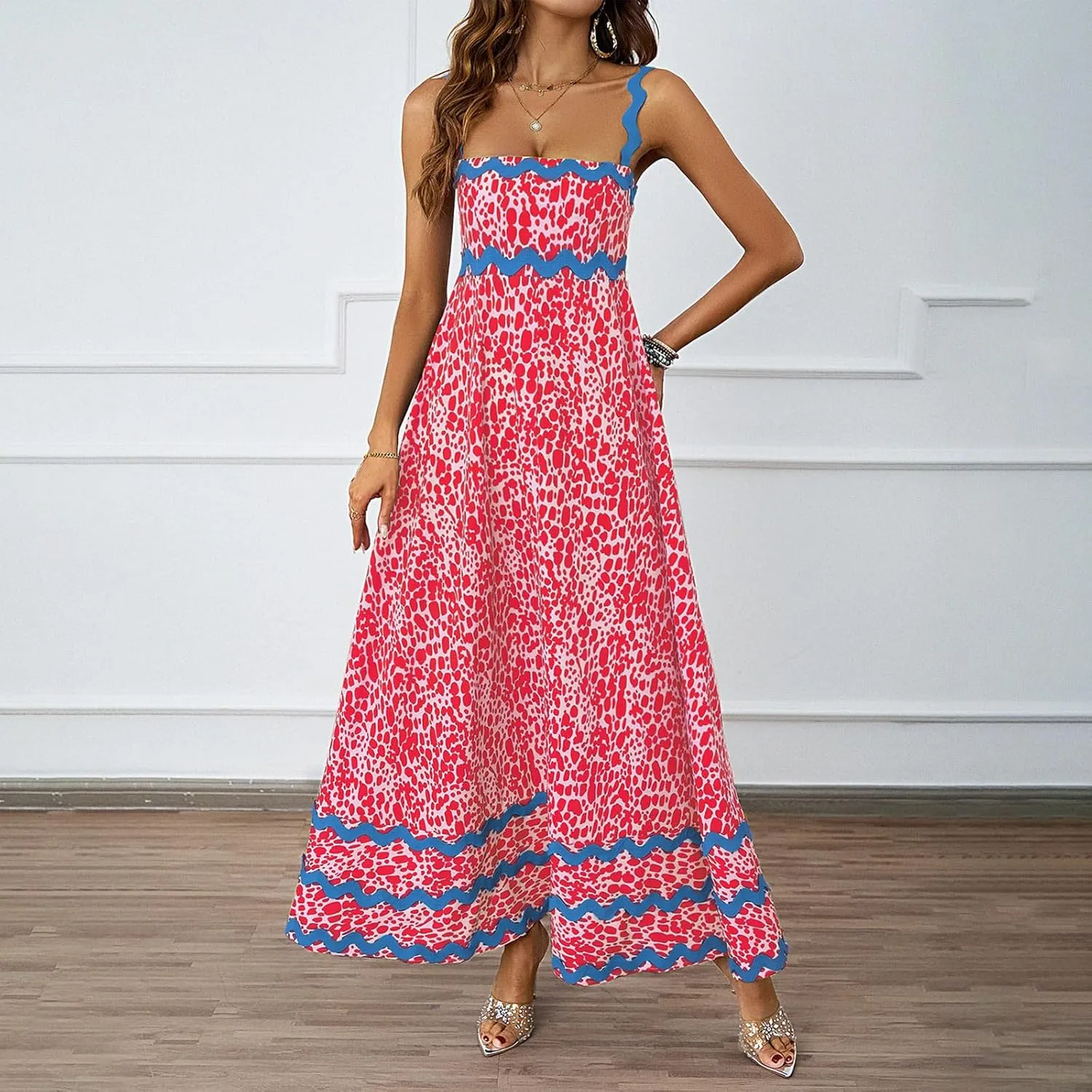 Womens Spring Maxi Dress Fit and Flare Square Neck Long Flowy Dress Sundress Spaghetti Strap Vacation Maxi Dresses