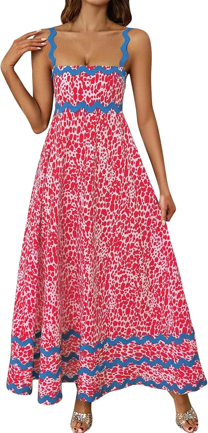 Womens Spring Maxi Dress Fit and Flare Square Neck Long Flowy Dress Sundress Spaghetti Strap Vacation Maxi Dresses