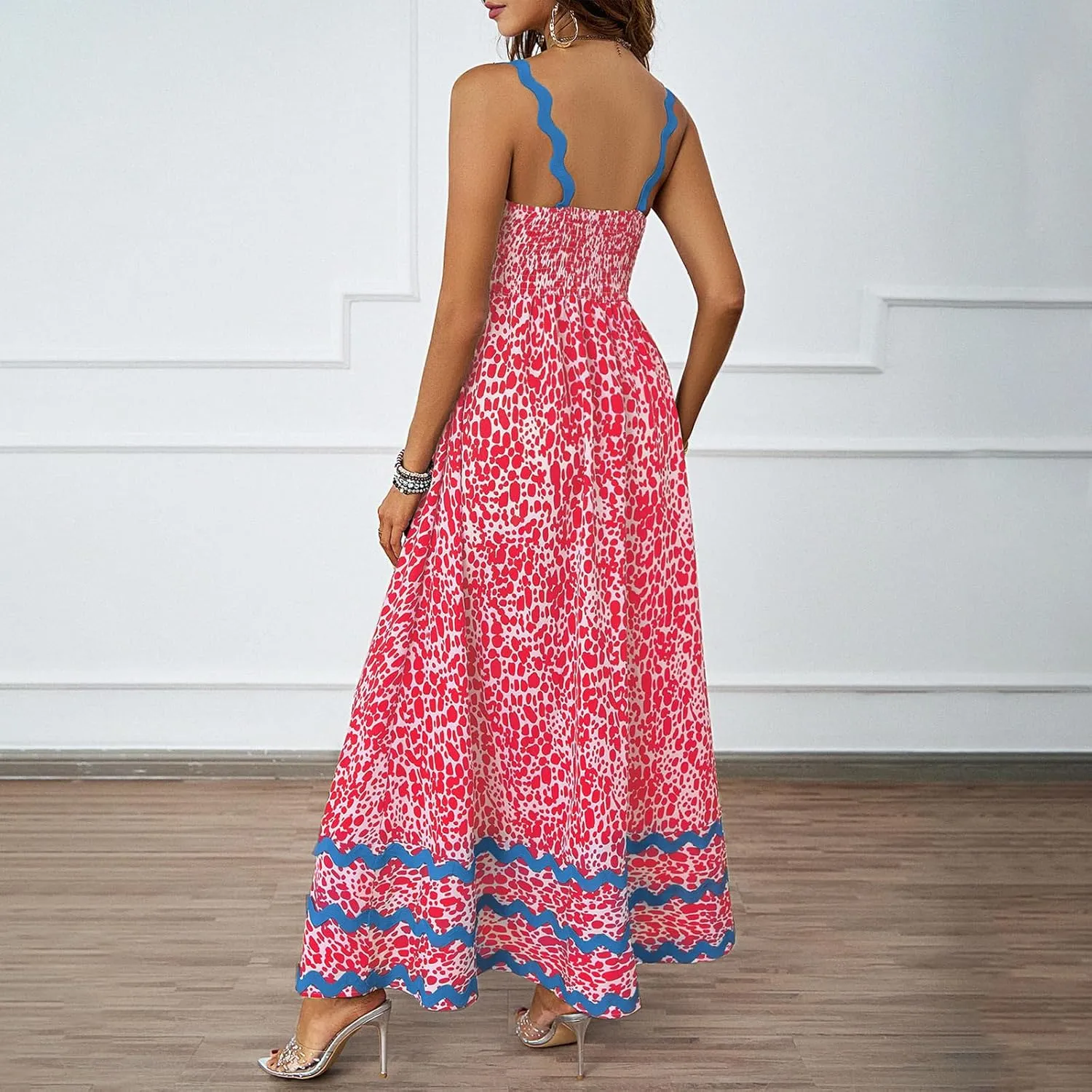 Womens Spring Maxi Dress Fit and Flare Square Neck Long Flowy Dress Sundress Spaghetti Strap Vacation Maxi Dresses