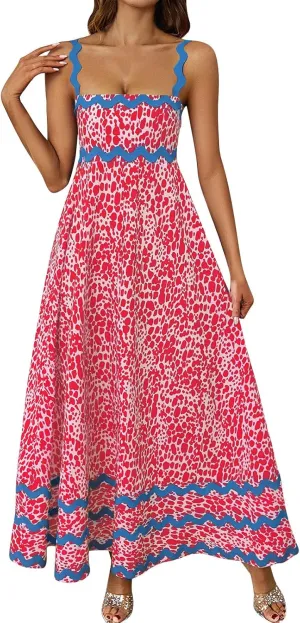 Womens Spring Maxi Dress Fit and Flare Square Neck Long Flowy Dress Sundress Spaghetti Strap Vacation Maxi Dresses