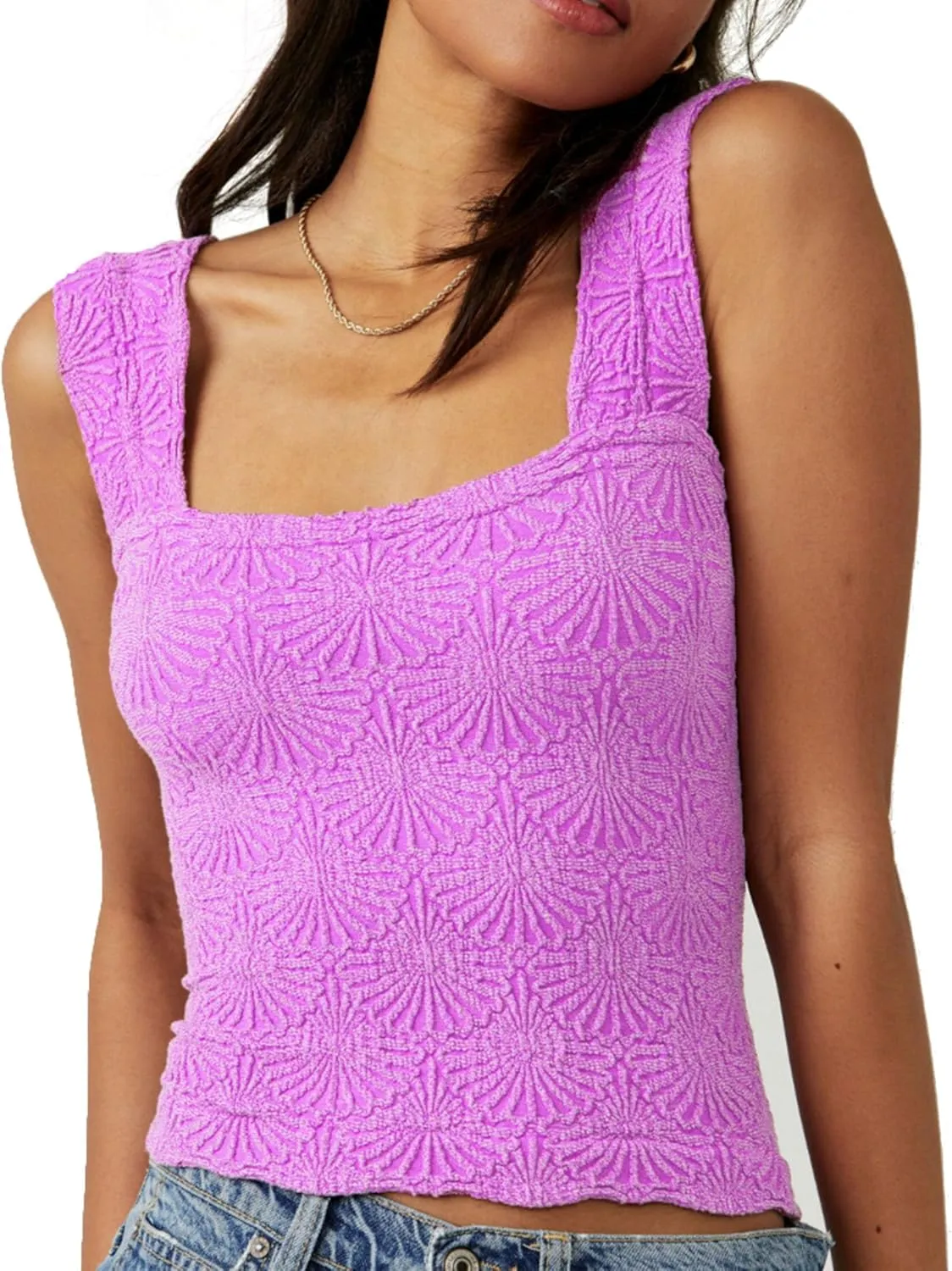 Women's Square Neck Wide Straps Tank Tops Sleeveless Going Out Tops Lettuce Trim Slim Fit Crop Tops Cami