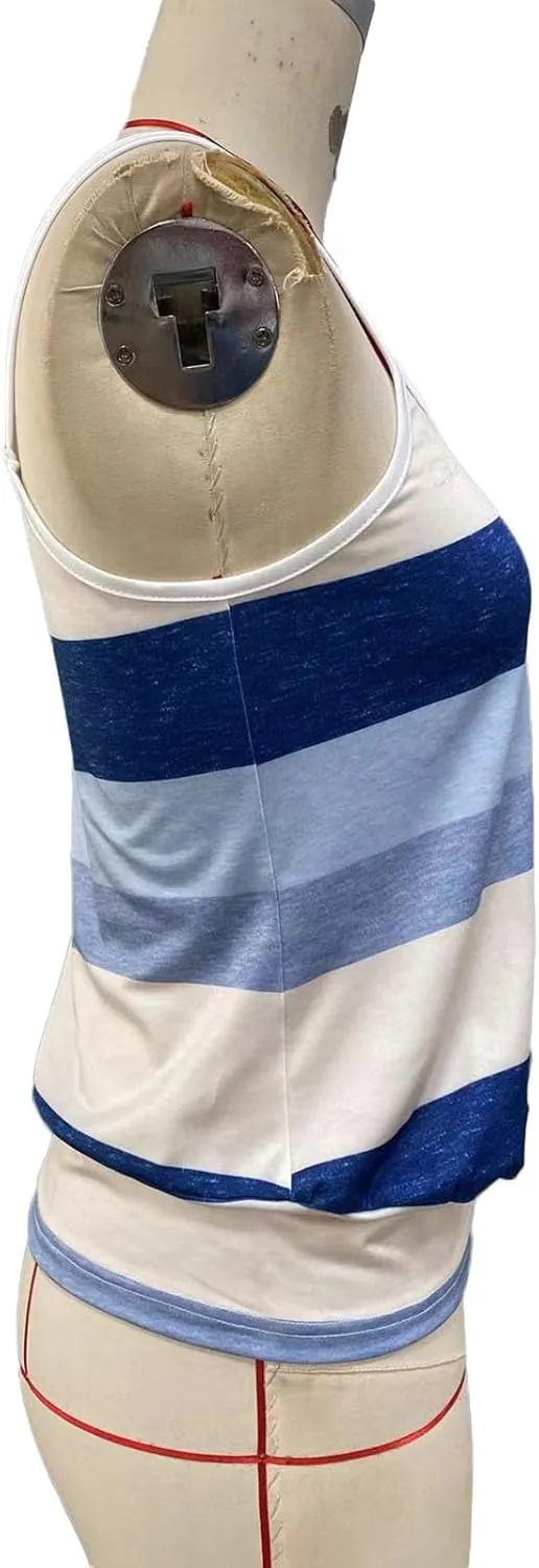 Womens Striped Camisoles Summer Fashion Sleeveless Crewneck Pleated Tank Tops Casual Soft Comfy Vests Tunic Top