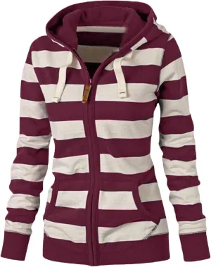 Womens Striped Hooded Jackets Zip Up Hoodie Casual Fashion Sweatshirts Long Sleeve Windproof Fall Winter New Tops
